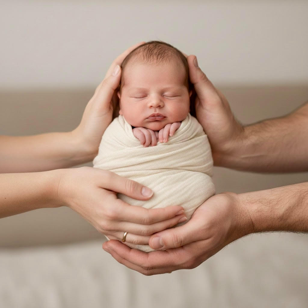תינוק ניו-בורן עטוף וישן מוחזק בידיהם של הוריו כחלק מליווי התפתחותי בירושלים עם טל יצחקי. תמונה שמעבירה תחושבת רוגע וביטחון.