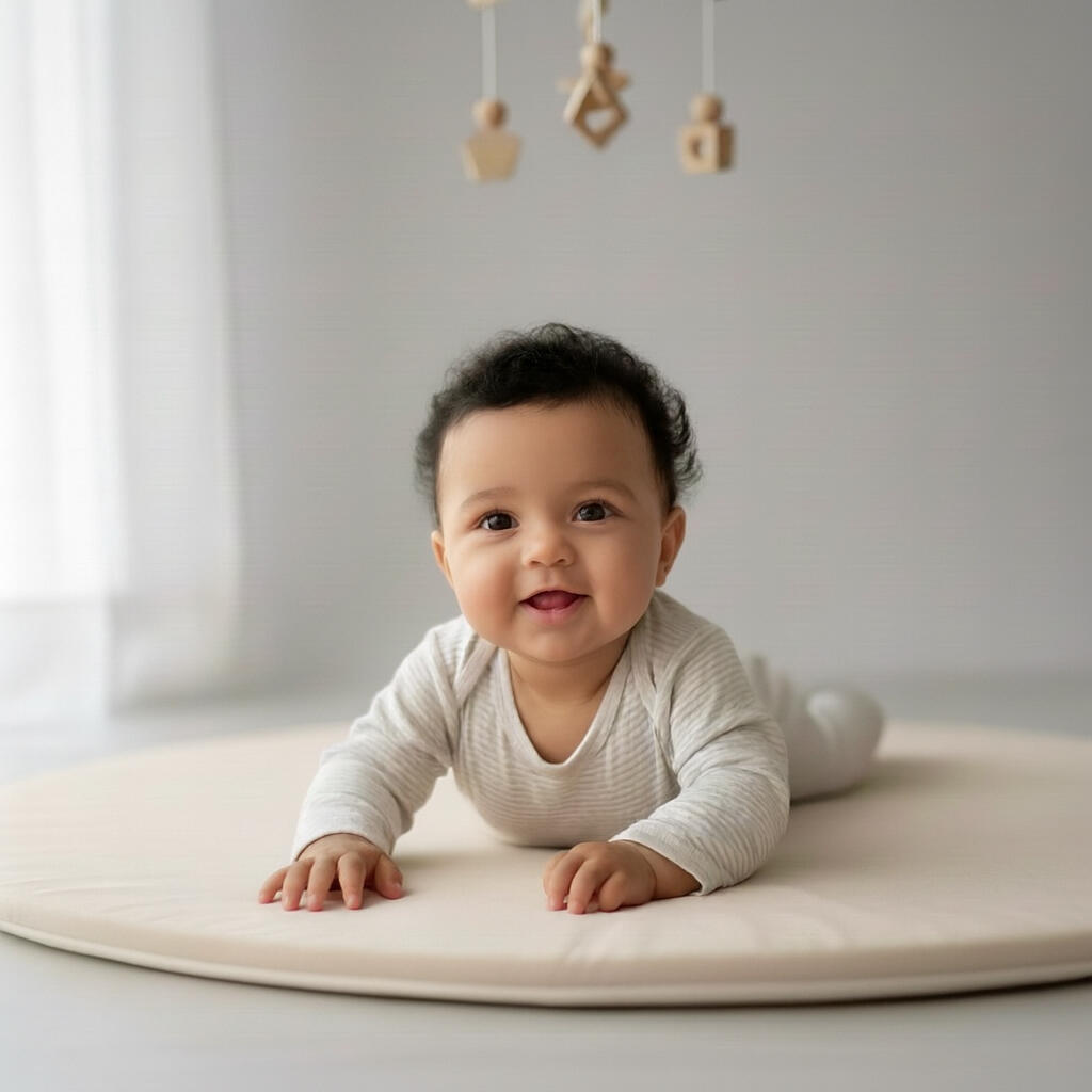 תינוק בגיל 3-6 חודשים שוכב על הבטן ומרים את הראש בחיוך. תרגול זמן בטן ומוטוריקה במסגרת ליווי התפתחותי של טל יצחקי במעלה אדומים.